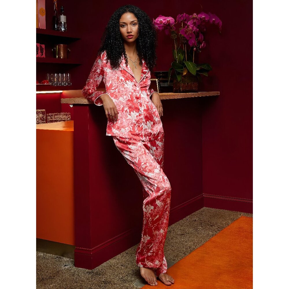 LIKE NEW Nigel Curtiss Fire Lily Silk Pajama Set With Stripes